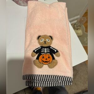 Pink Halloween Embroidered Skeleton Teddy Bear & Pumpkins kitchen towel